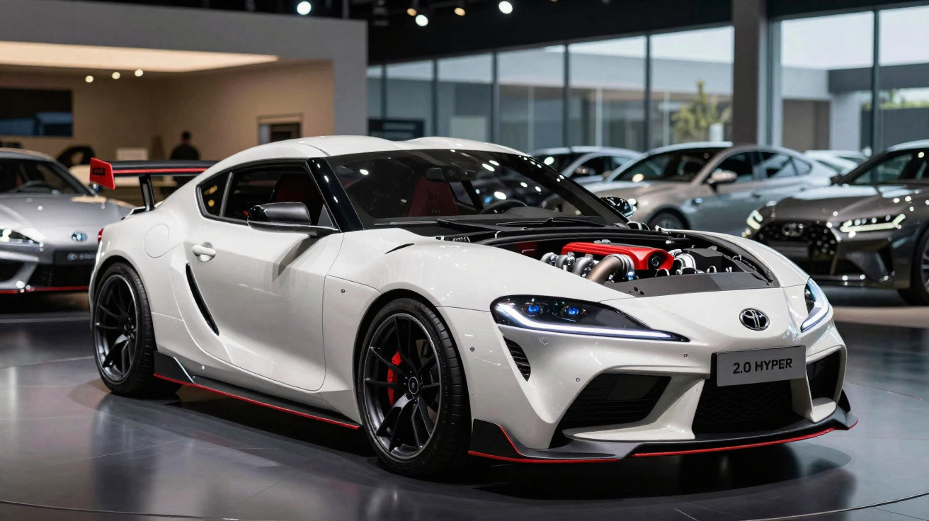 Carro desportivo Toyota Supra branco com capô aberto a mostrar o motor em exposição interior.