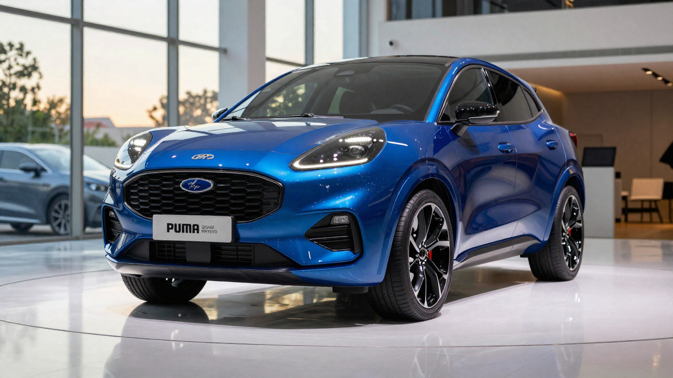 Carro Ford Puma azul metalizado exposto num showroom moderno com iluminação suave.