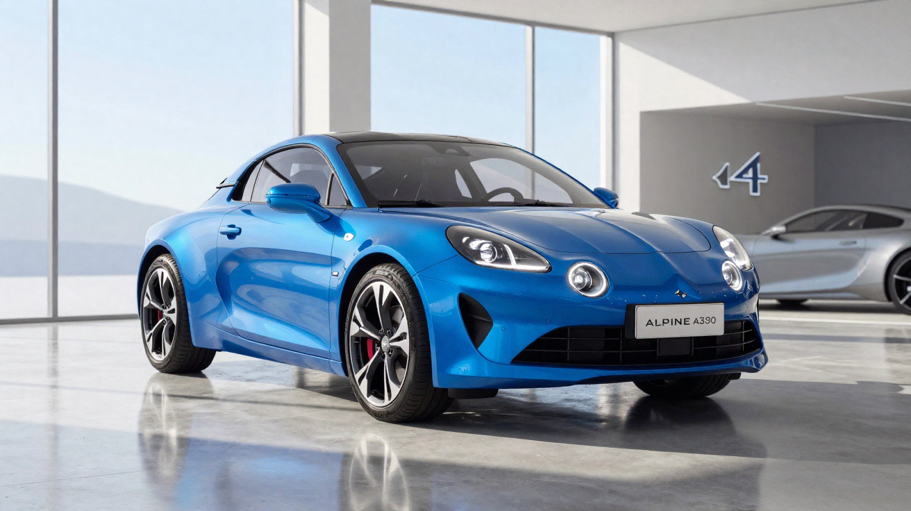 Carro desportivo azul Alpine A110 estacionado em garagem moderna com piso refletor.