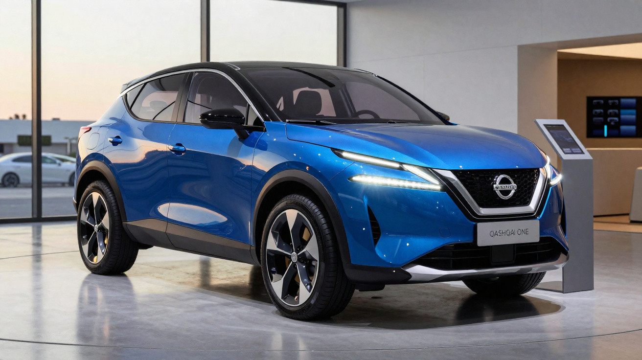 Carro elétrico azul Nissan Qashqai One exposto em showroom moderno com grandes janelas.