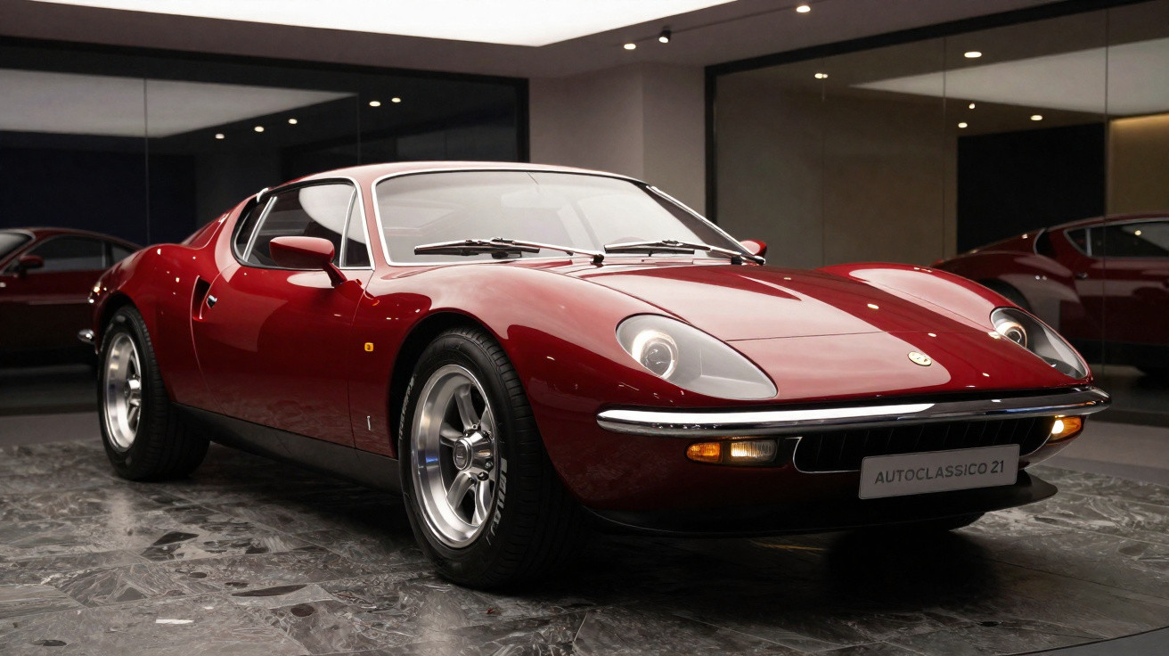 Automóvel clássico desportivo vermelho em exposição interior com piso de mármore e espelhos nas paredes.