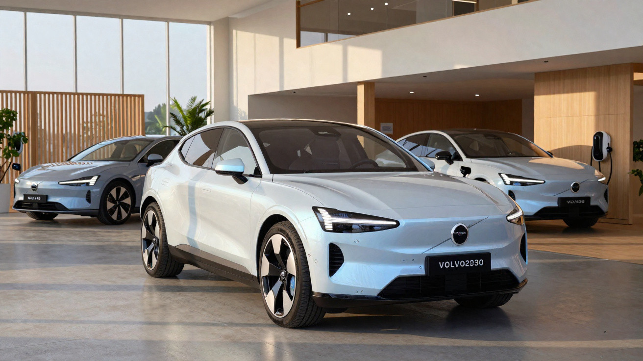 Três carros elétricos Volvo brancos expostos num interior moderno e luminoso.