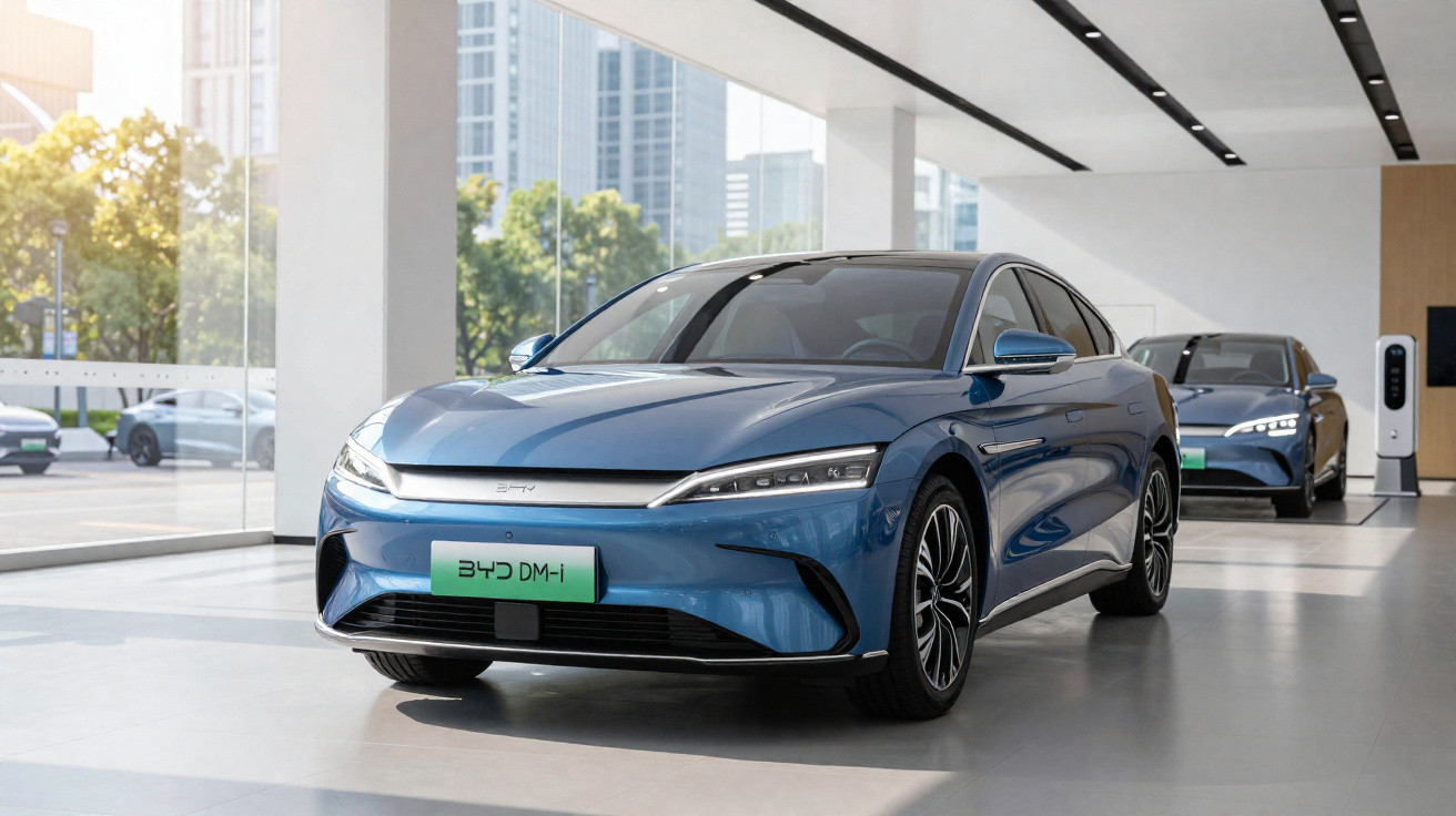Carro elétrico azul BYD DM-i em exposição numa sala moderna com grandes janelas e outro carro ao fundo.