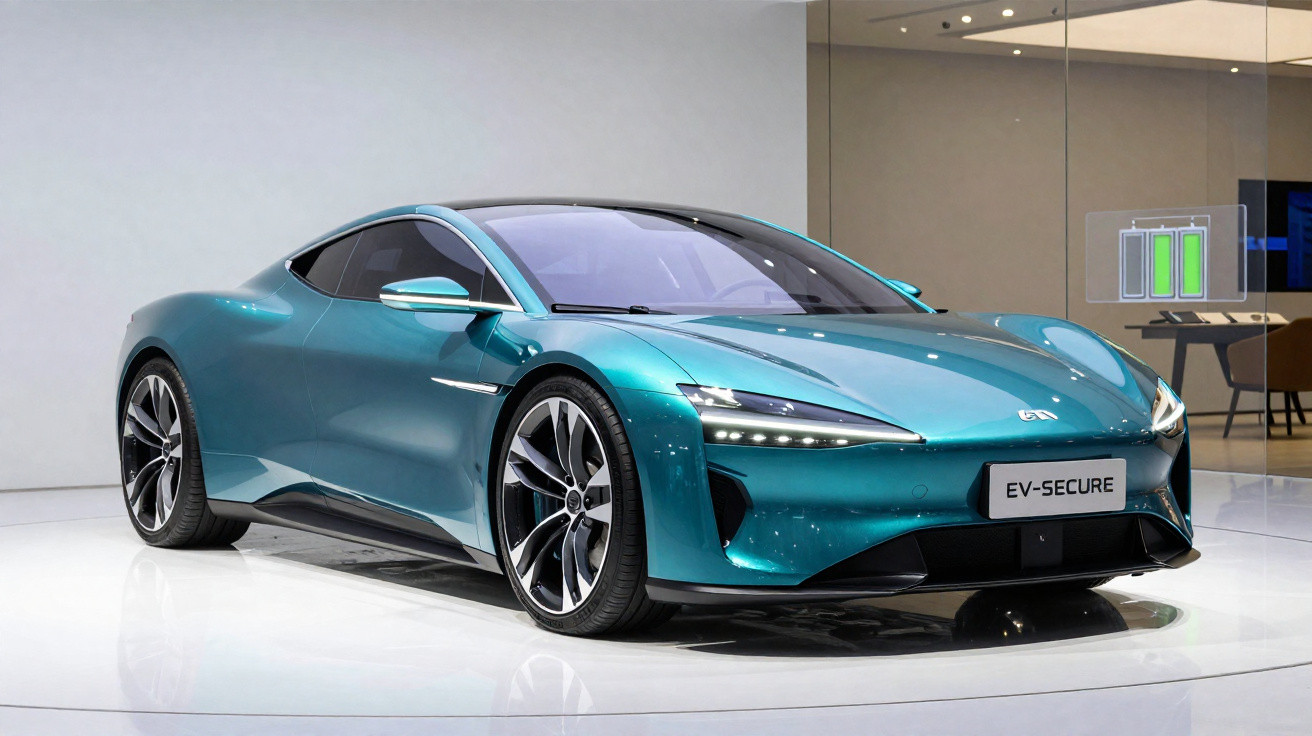 Carro elétrico desportivo azul metálico com design futurista exposto em ambiente moderno.