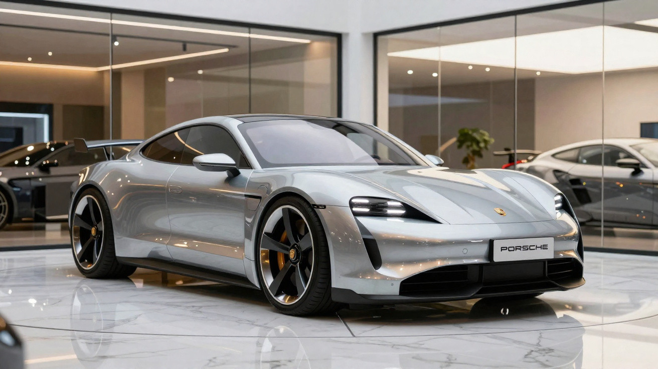 Carro desportivo Porsche Taycan prata estacionado em showroom moderno com paredes de vidro.