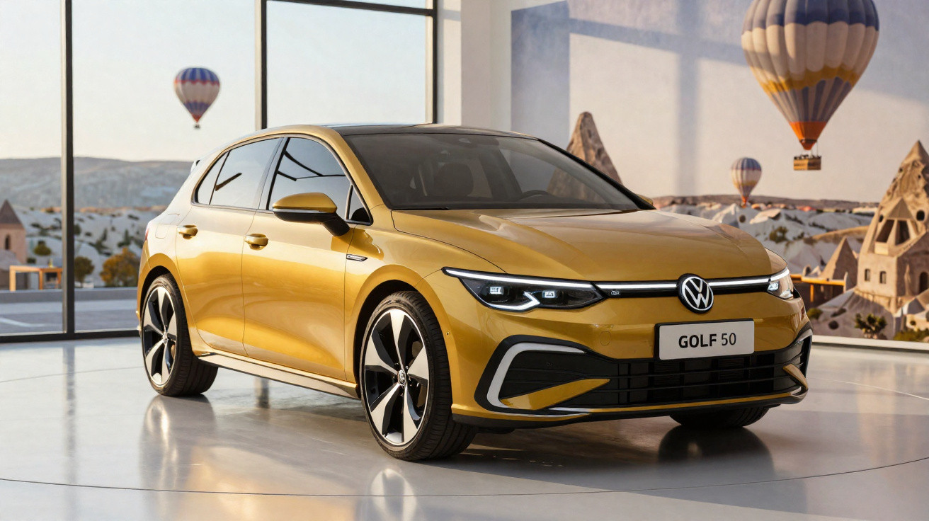 Carro Volkswagen Golf 50 dourado em ambiente fechado com balões de ar quente visíveis através da janela.