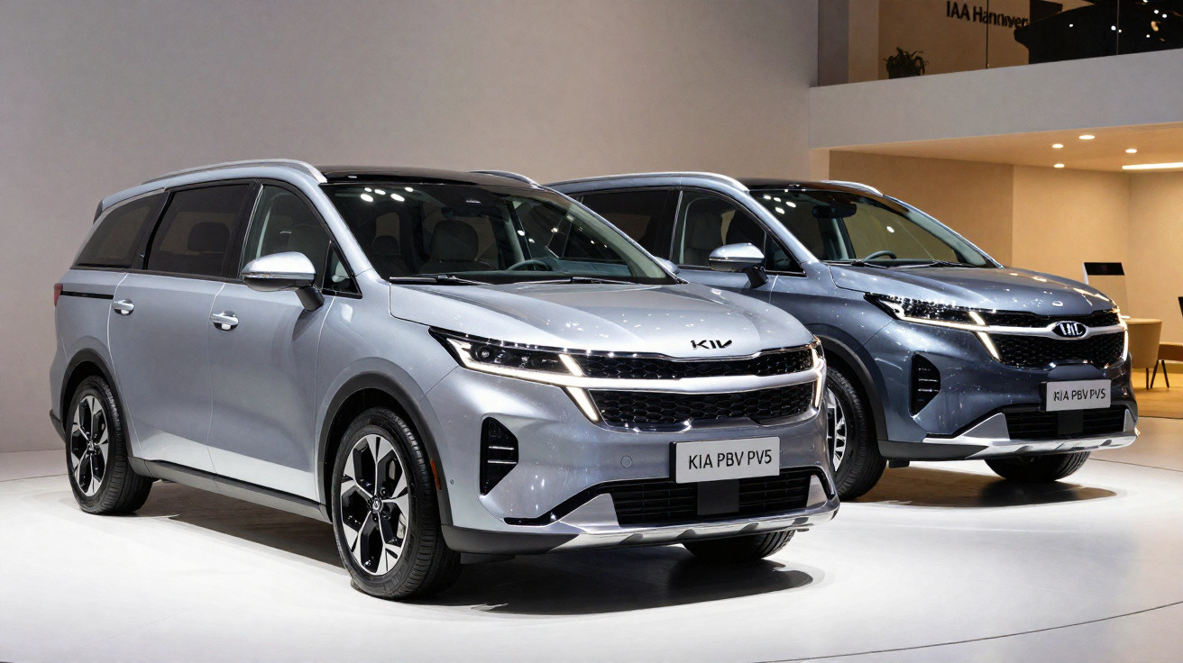 Dois SUV Kia PBV PV5 estacionados lado a lado em exposição, um prateado e outro azul escuro.