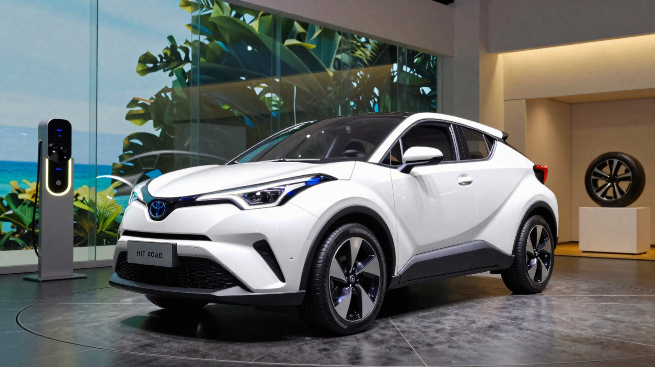 Carro elétrico branco Toyota C-HR estacionado em sala de exposição moderna com carregador ao lado.
