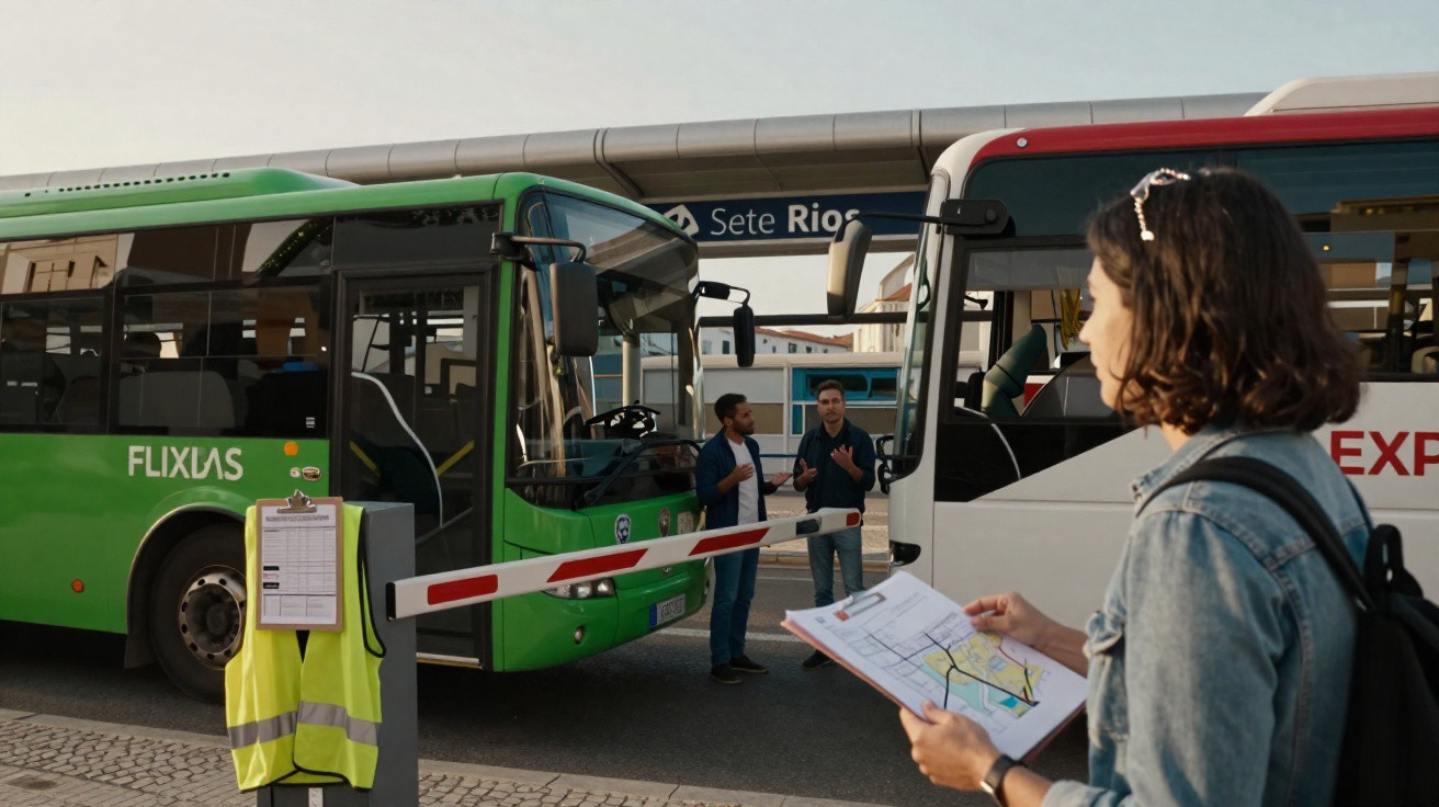 Jovem com mapa em estação de autocarros com veículos verdes e brancos e homens a conversar ao fundo.
