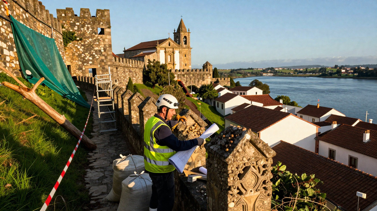 Homem com colete refletor e capacete a analisar planta junto à muralha de pedra com vista para rio e casas.