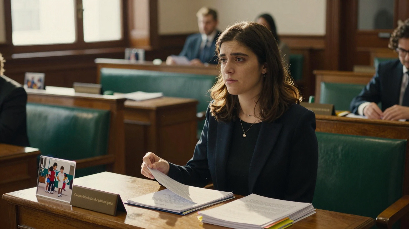 Mulher com expressão séria sentada numa sala de tribunal, rodeada de documentos e pessoas ao fundo.