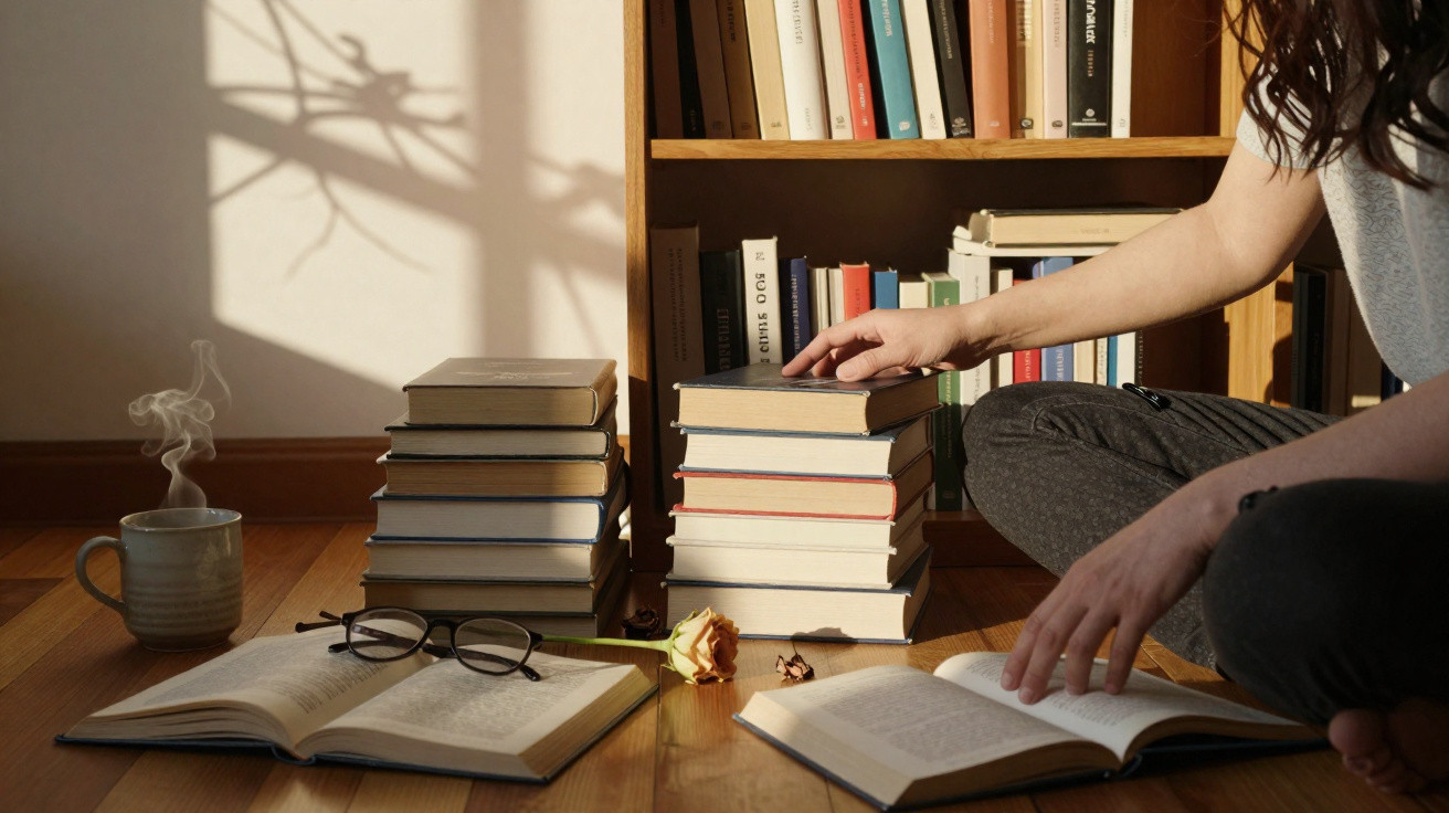 Pessoa sentada no chão rodeada de livros, copo com vapor e óculos num ambiente iluminado pelo sol.