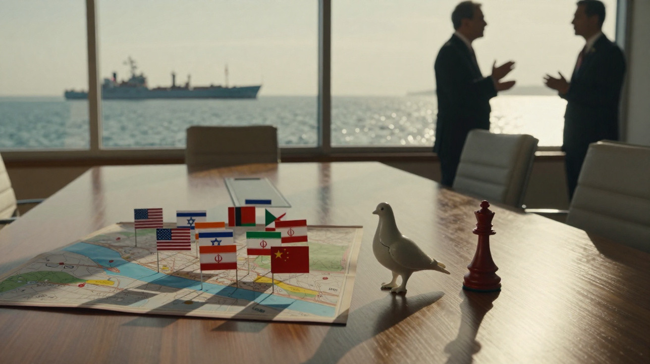 Sala de reuniões com bandeiras de países em mapa, peças de jogo e duas pessoas a conversar junto a janela com vista para o ma