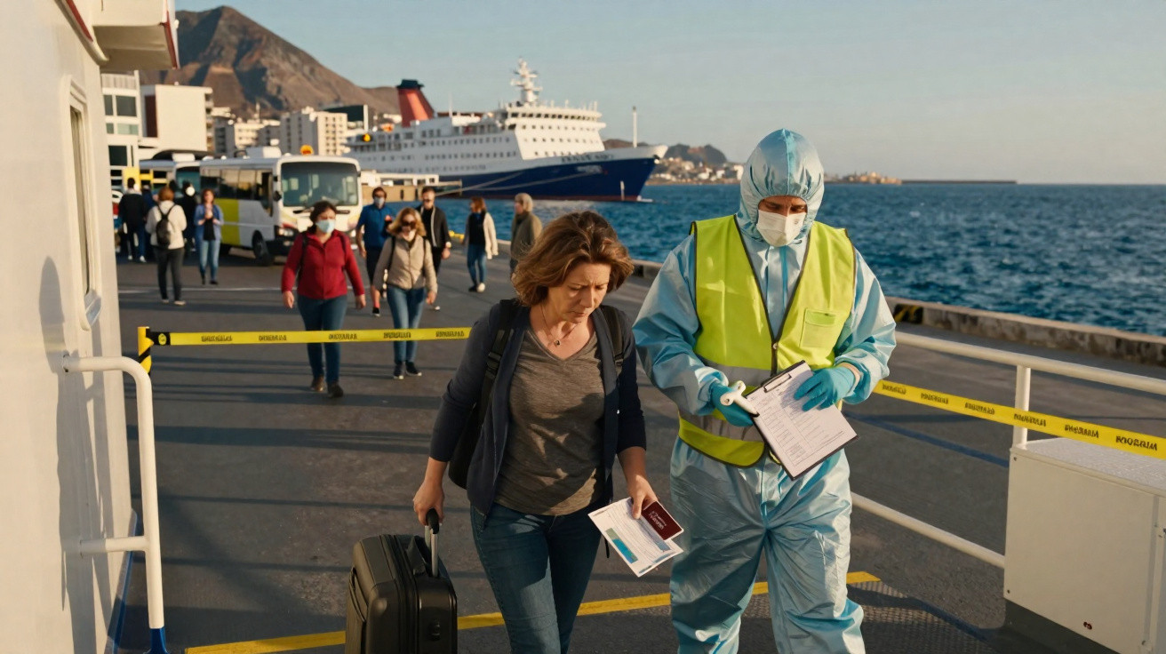 Pessoas desembarcando de cruzeiro, com funcionário em equipamento de proteção a controlar documentos num cais junto ao mar.