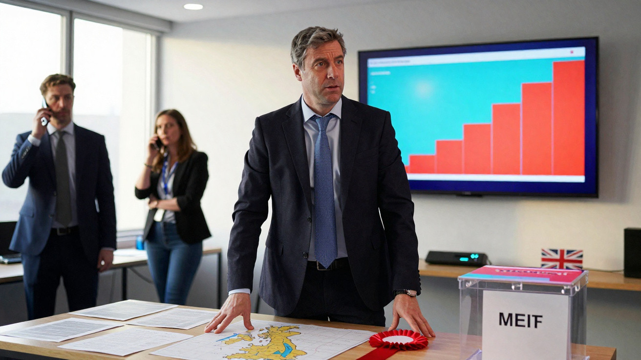 Homem de fato azul em reunião de negócios com gráfico ascendente e urna de votação na sala.