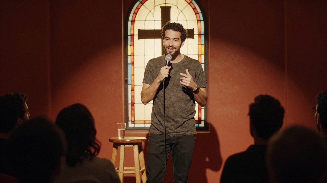 Homem jovem a fazer stand-up comedy com microfone, em palco iluminado junto a vitral com cruz.