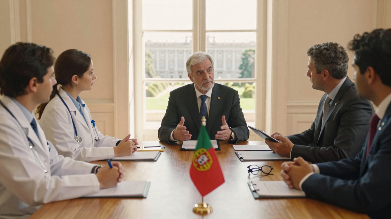 Reunião formal com médicos e políticos à volta de uma mesa com bandeira de Portugal no centro.