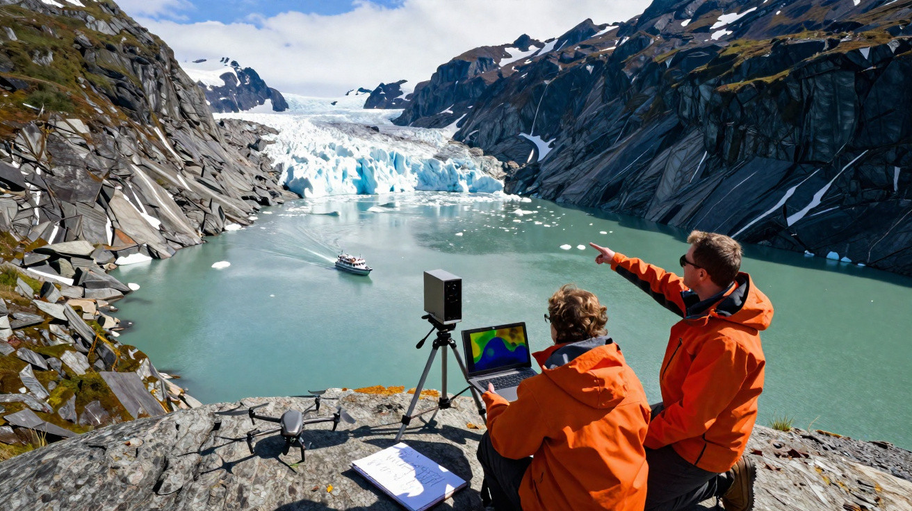 Dois cientistas com casacos laranja observam um glaciar em fiorde com barcos, usando equipamento de medição.