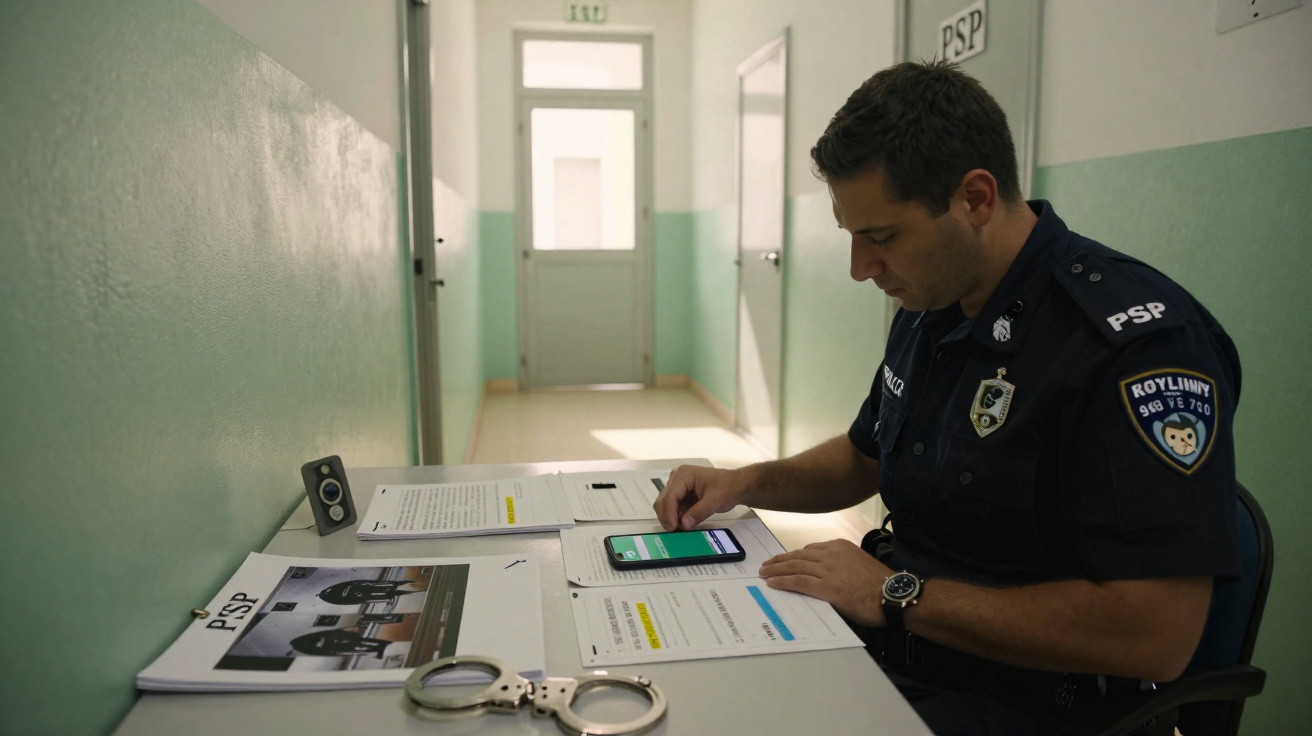 Polícia da PSP sentado à secretária a usar um telemóvel, com algemas e documentos sobre a mesa.