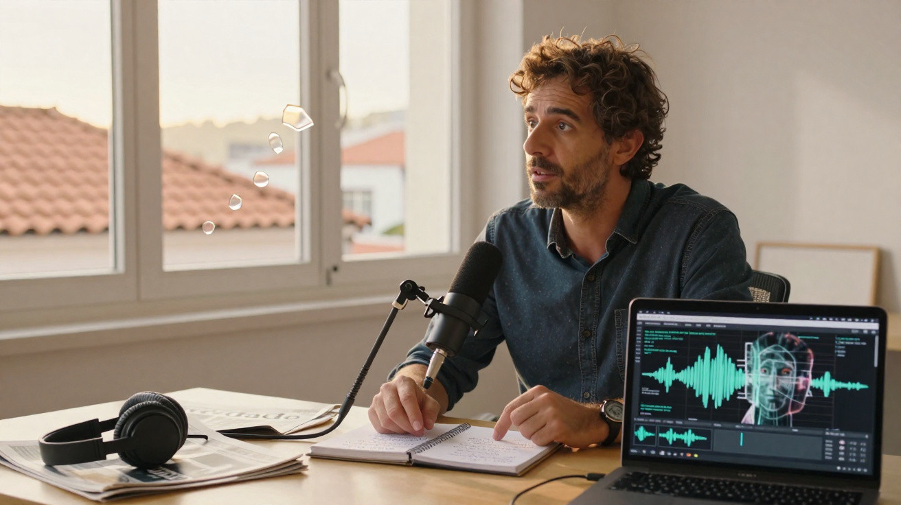 Homem com microfone grava podcast num escritório, com auscultadores e computador com gráficos de áudio na mesa.