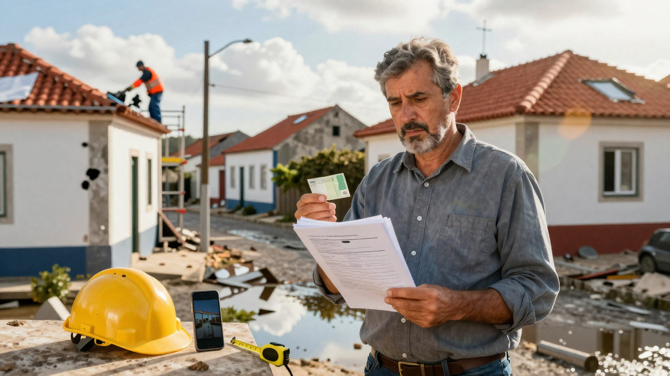 Homem a analisar documentos num bairro com casas e sinais de inundações após obras de reconstrução.
