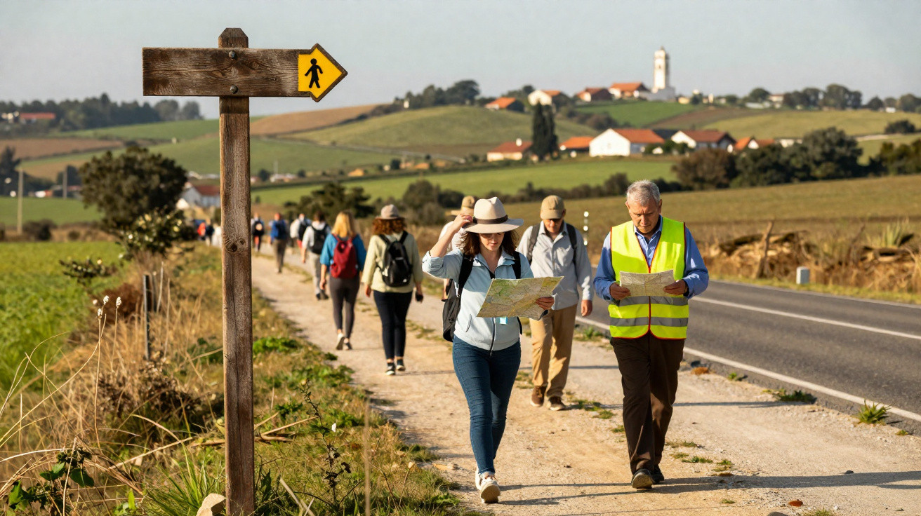 Grupo de pessoas a caminhar numa estrada rural sob céu limpo, consultando mapas, com sinal de caminhada visível.