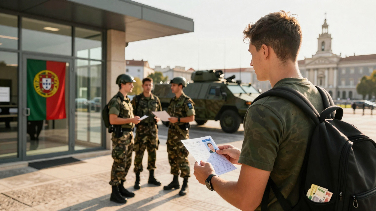 Jovem com mochila apresenta documento a três soldados fardados junto a veículo militar em Portugal.