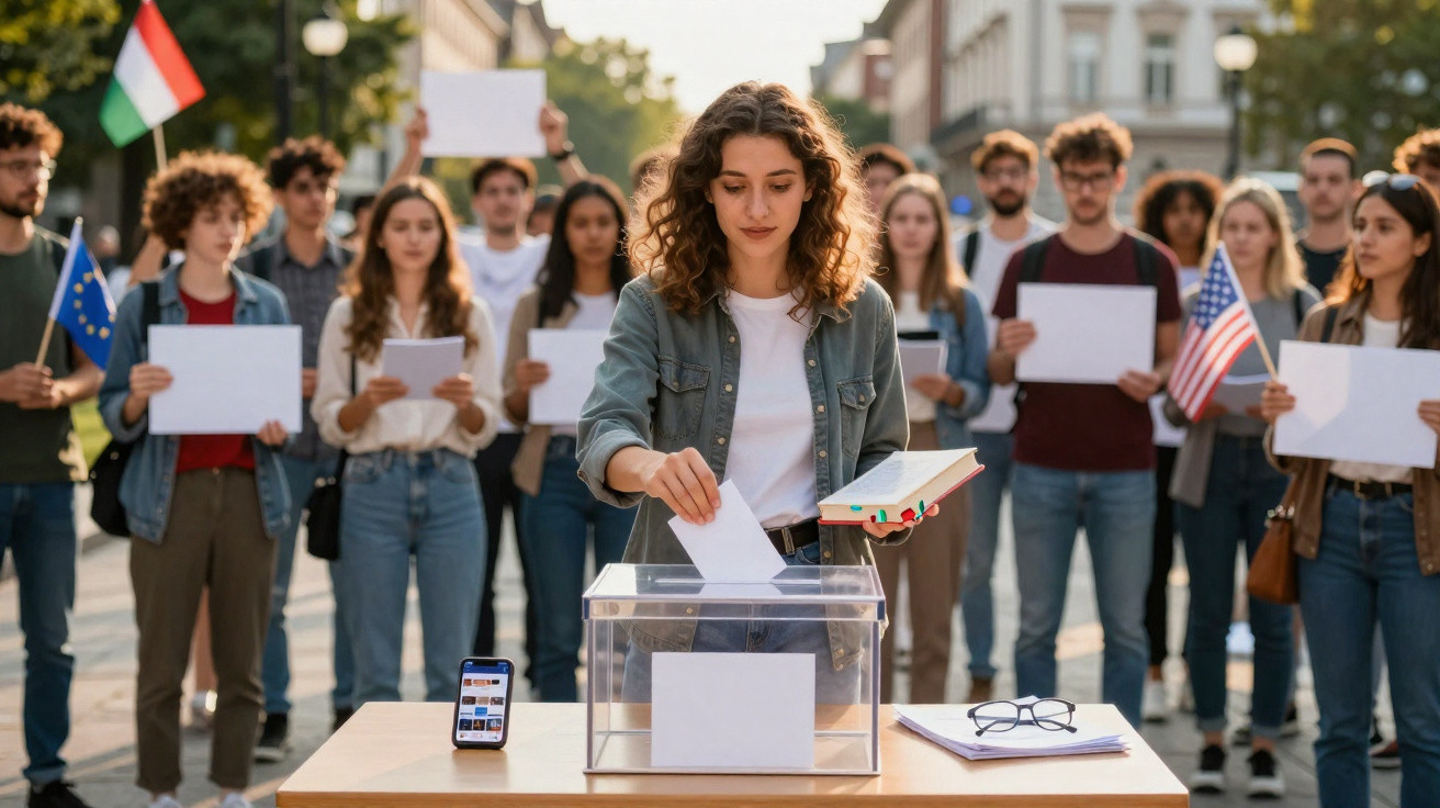 Jovem a votar numa urna transparente com grupo diverso a protestar com bandeiras na rua.