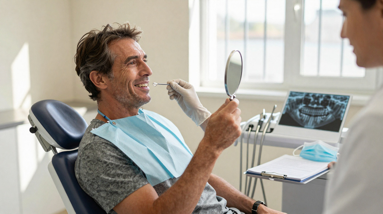 Homem sorridente na cadeira do consultório dentário a olhar no espelho enquanto o dentista examina os seus dentes.