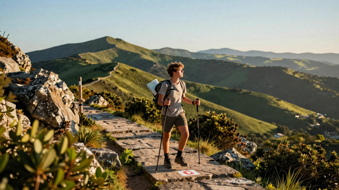 Homem a fazer caminhada em trilho de montanha com bastões, sob paisagem verde e céu limpo.