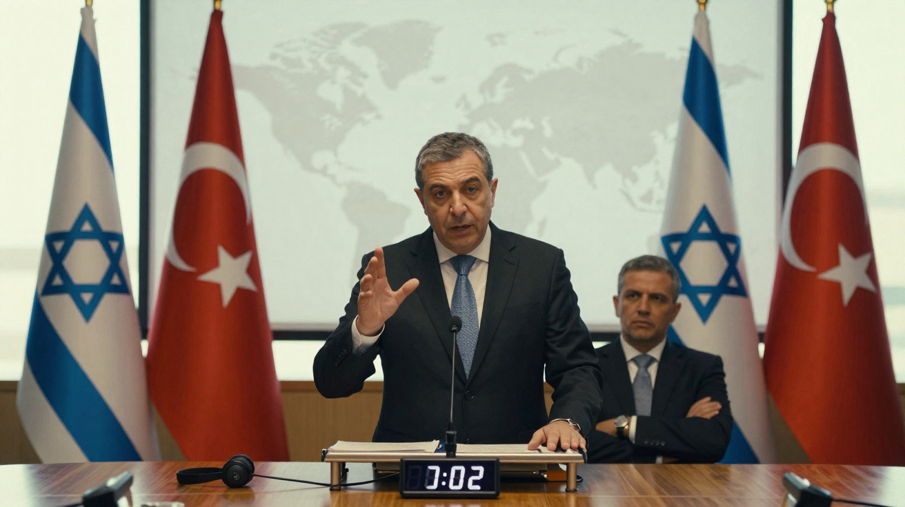 Homem de negócios a discursar em conferência com bandeiras de Israel e Turquia ao fundo.
