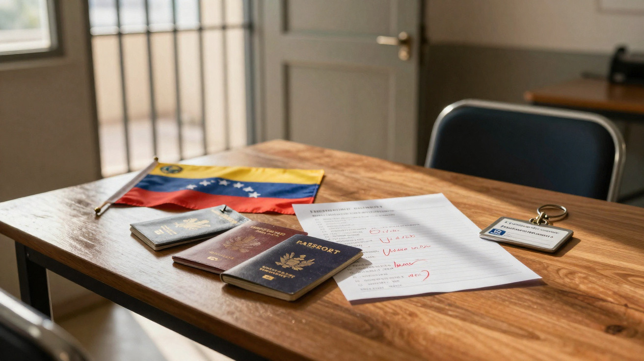 Mesa de madeira com passaportes, bandeira da Venezuela, documento e cartão de identificação.