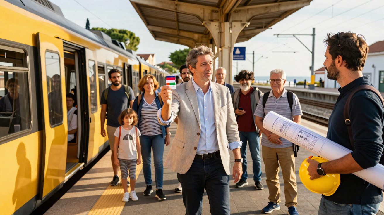 Grupo de passageiros e profissional com plano e capacete numa estação junto a um comboio amarelo.