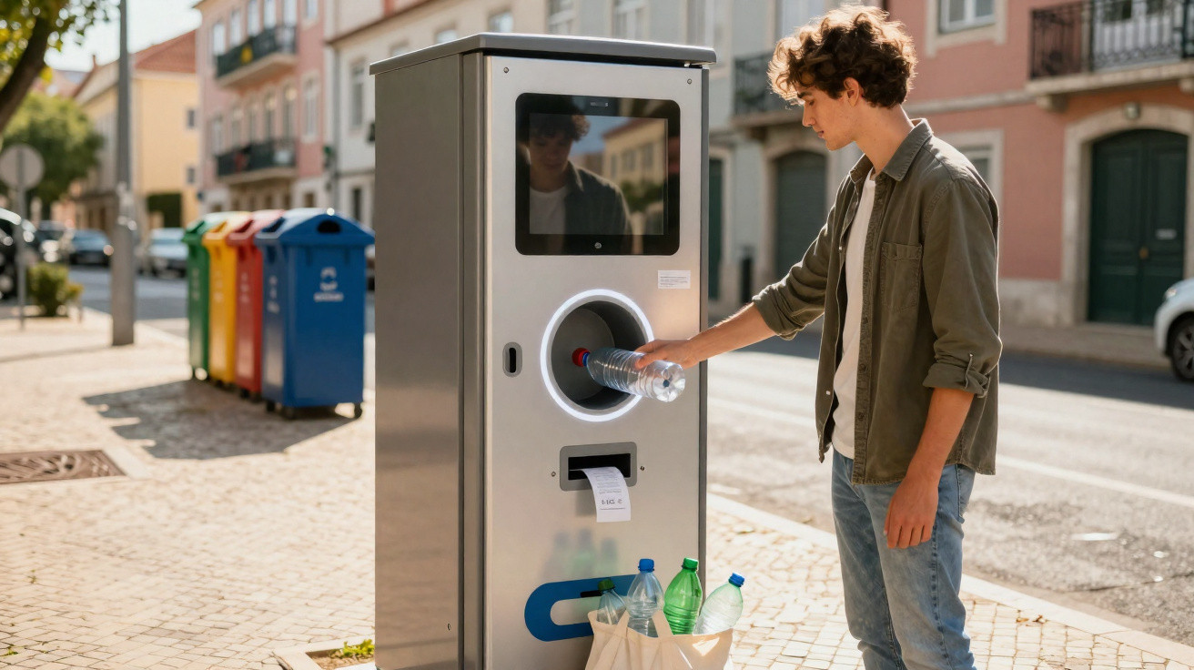 Jovem a colocar garrafa de plástico numa máquina de reciclagem com vários ecopontos ao fundo numa rua urbana.