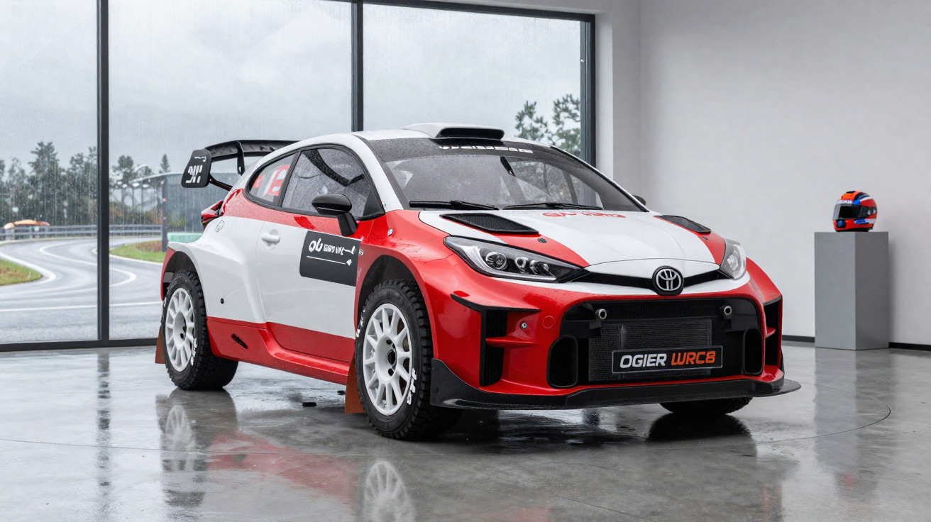 Carro de rali Toyota GR Yaris WRC com pintura branca e vermelha em garagem com chão molhado.
