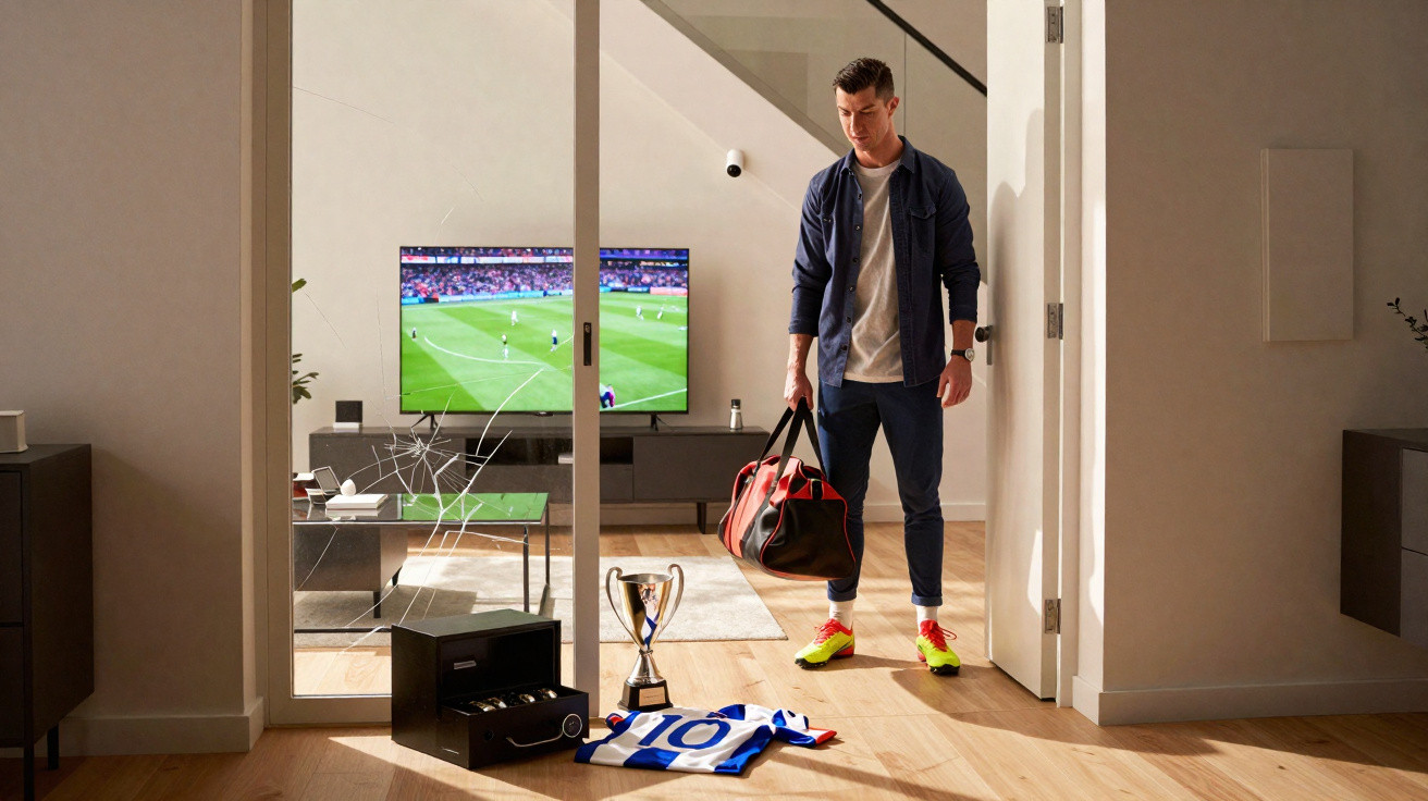 Homem entra em sala com televisão ligada a transmitir jogo de futebol e troféu no chão à frente.