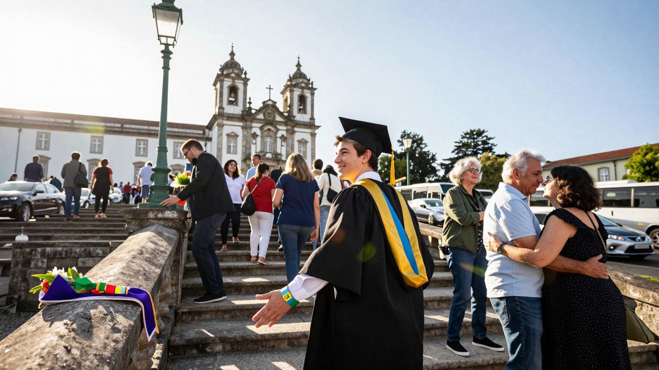 Jovem vestido com traje académico sorri e cumprimenta familiares em escadaria com igreja ao fundo em dia de graduação.