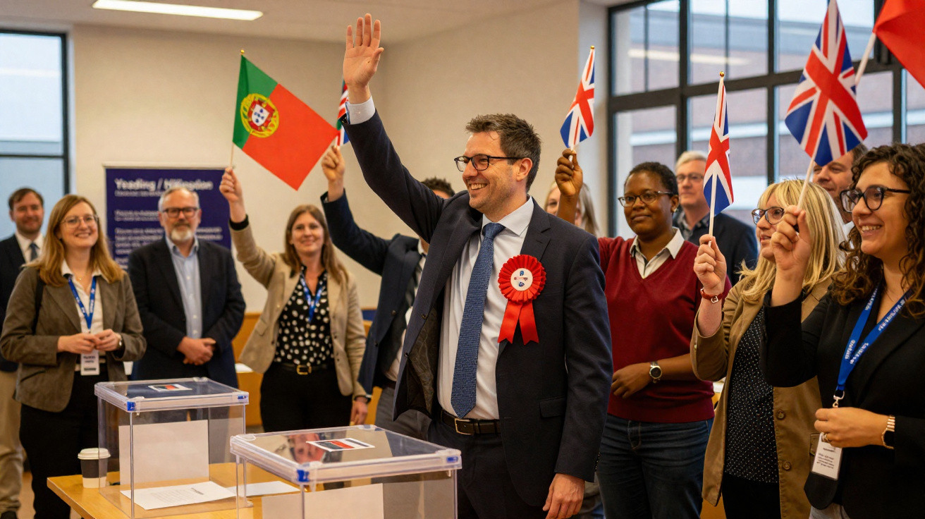 Homem com fita vermelha e grupo a celebrar com bandeiras do Reino Unido e de Portugal numa eleição.