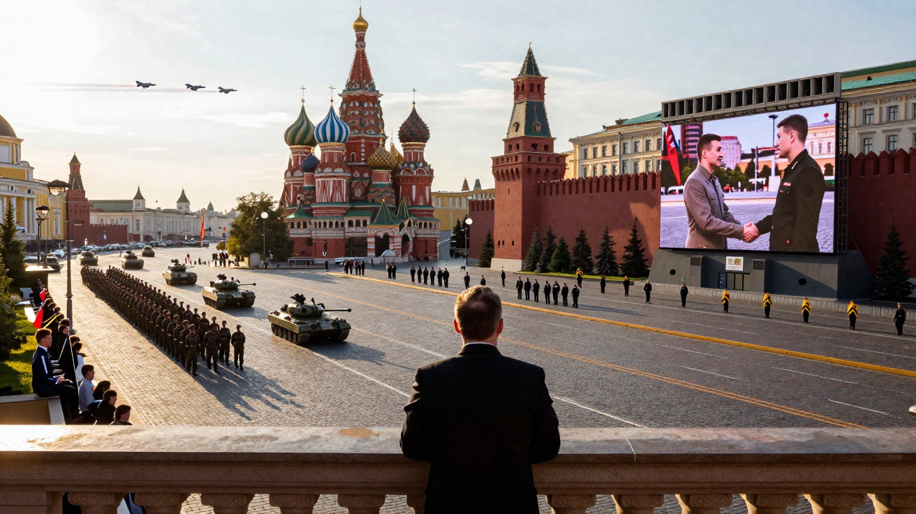 Desfile militar na Praça Vermelha em Moscovo com tanques, aviões a sobrevoar e pessoal militar alinhado.