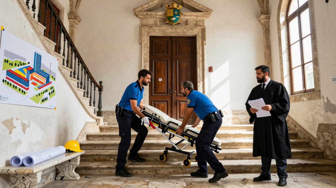 Dois homens em uniforme azul a transportar uma maca num edifício antigo, com um homem de toga a observar.