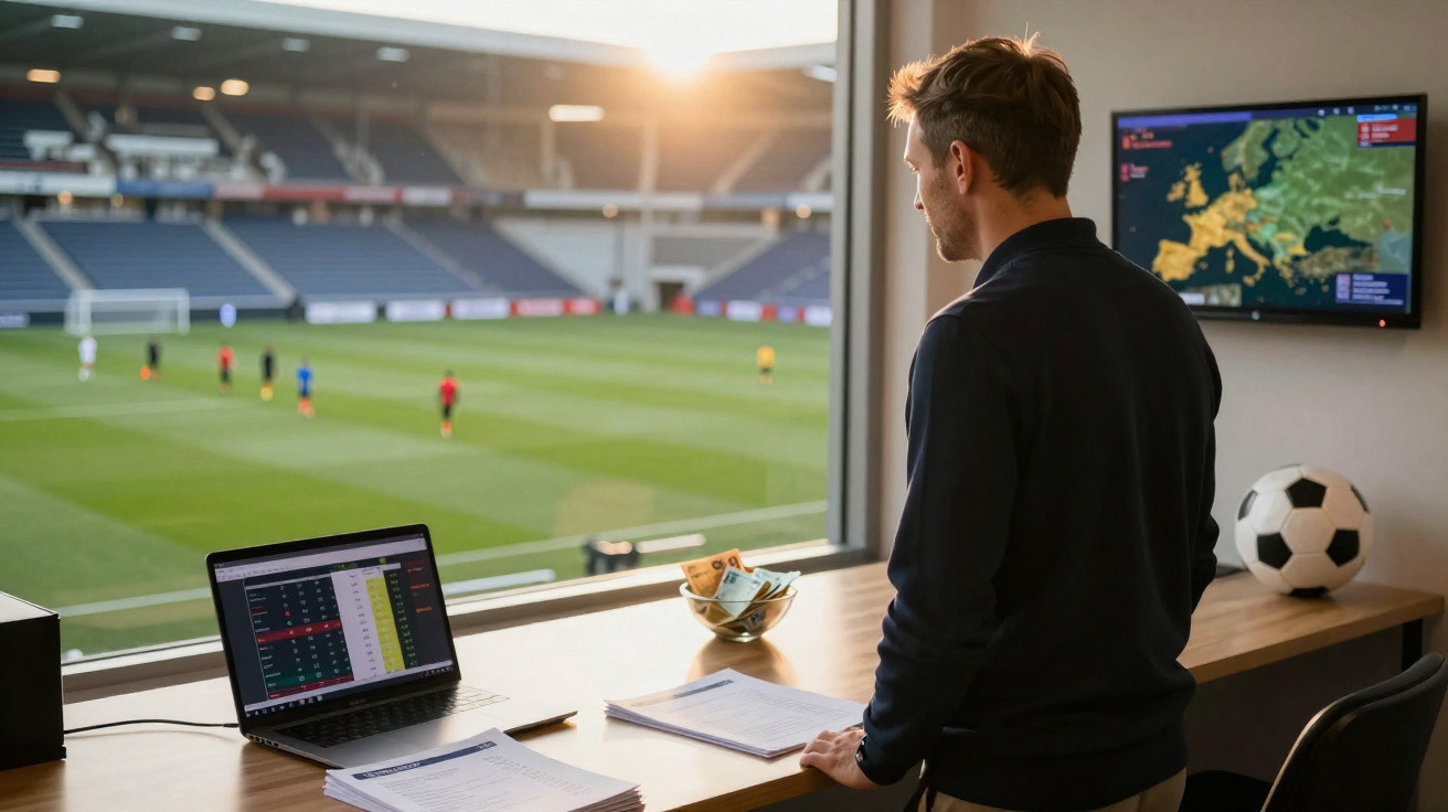 Homem a analisar dados num laptop enquanto observa um jogo de futebol num estádio ao pôr do sol.