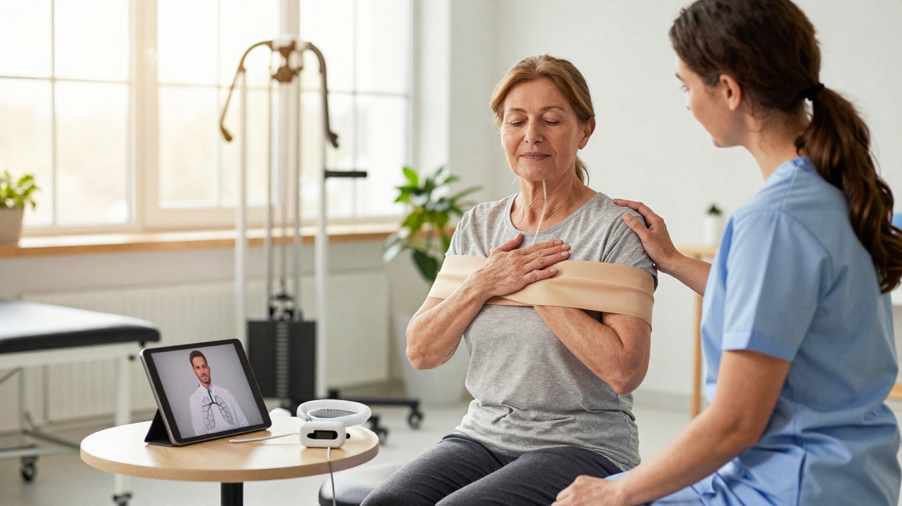Mulher idosa faz fisioterapia guiada por enfermeira e consulta médica por vídeo num tablet.