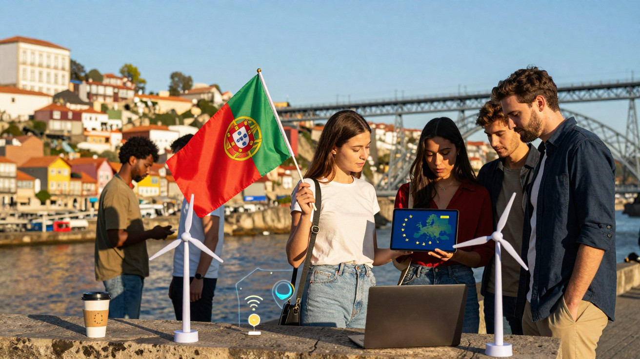 Grupo de jovens com bandeira de Portugal junto ao rio, com maquetes de turbinas eólicas e laptop aberto.