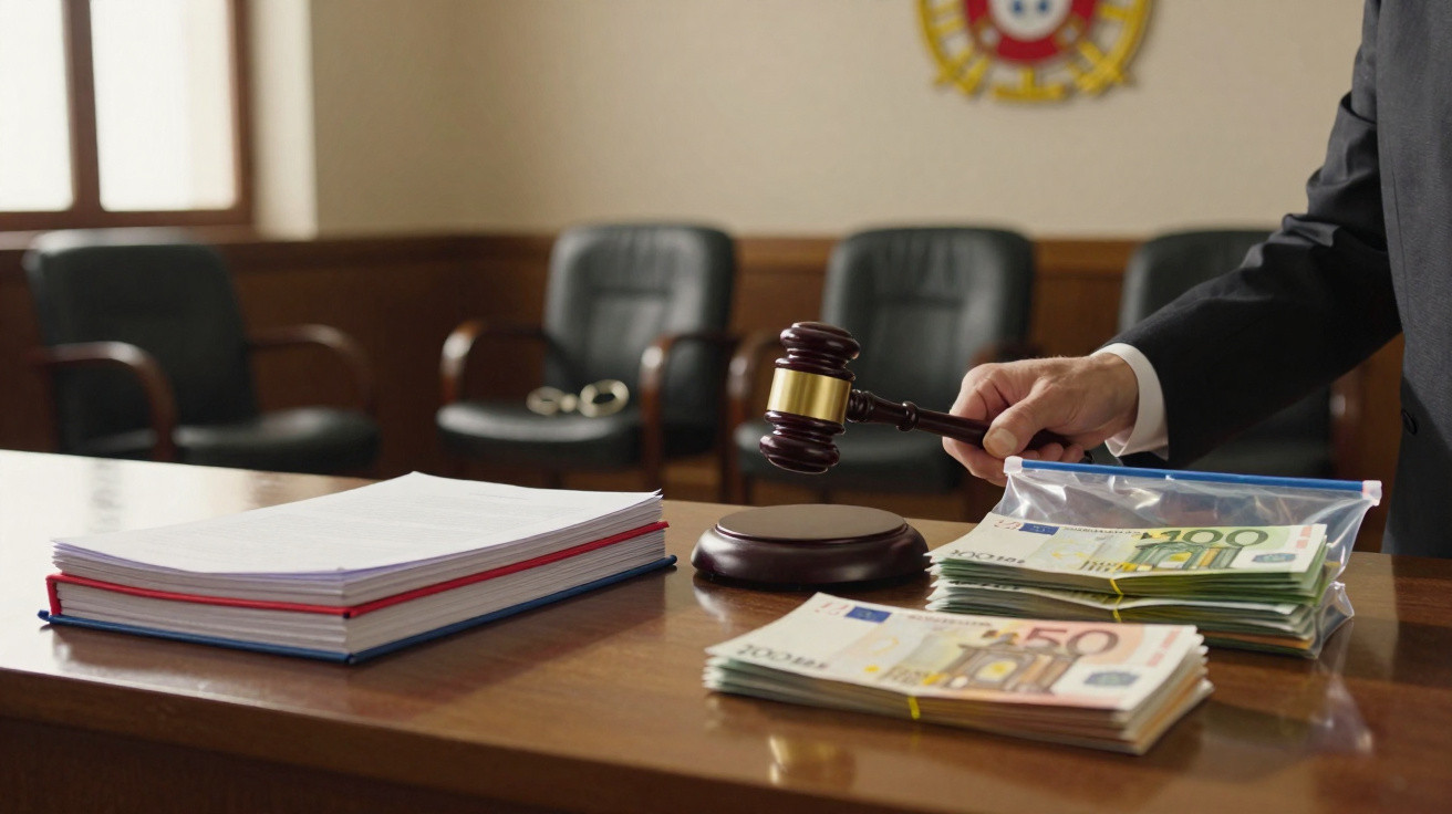 Juiz a bater o martelo numa sala de tribunal com pilhas de dinheiro e documentos sobre a mesa.