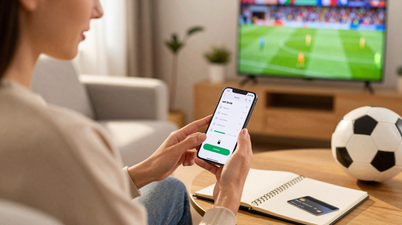 Pessoa a fazer apostas online num telemóvel com jogo de futebol a decorrer na televisão.