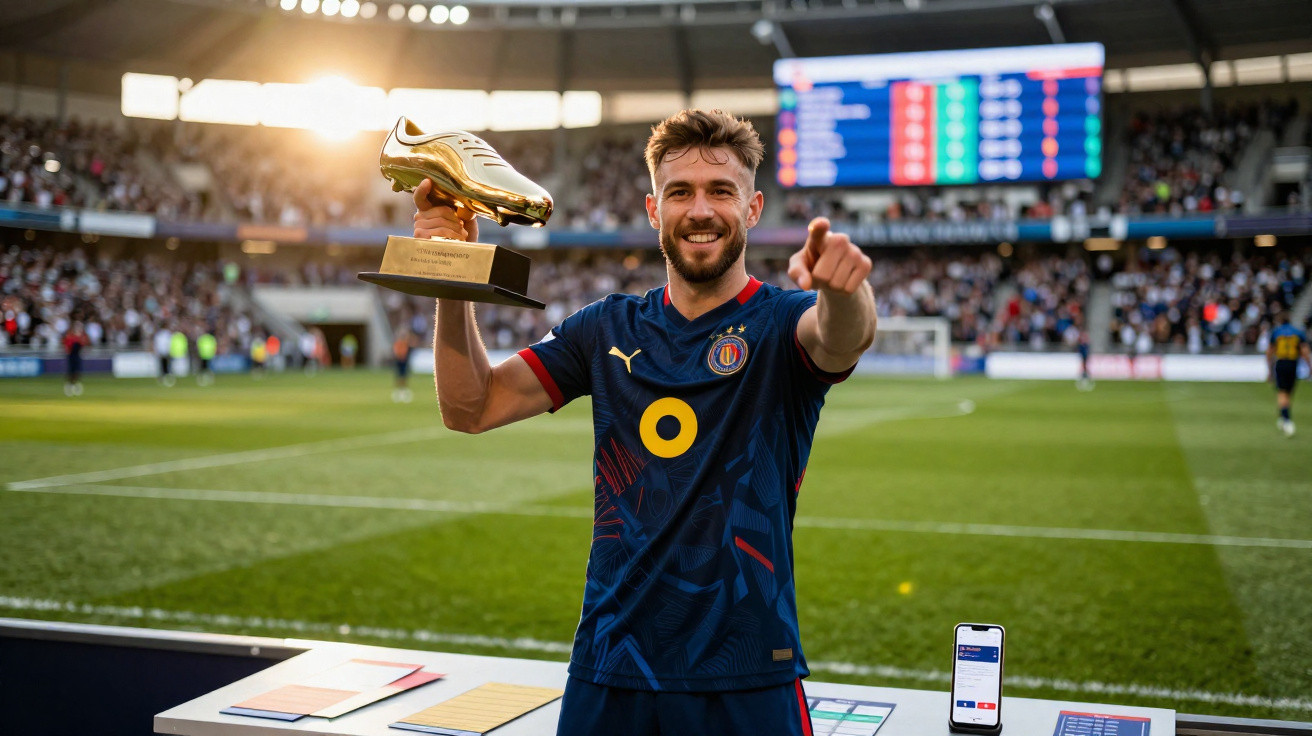 Jogador de futebol em campo a sorrir e a segurar uma chuteira dourada como troféu.