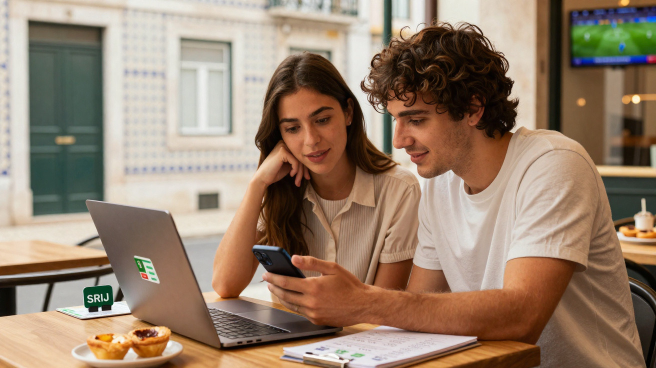 Jovem casal sentado numa cafetaria a olhar para o telefone com computador portátil e pastéis na mesa.