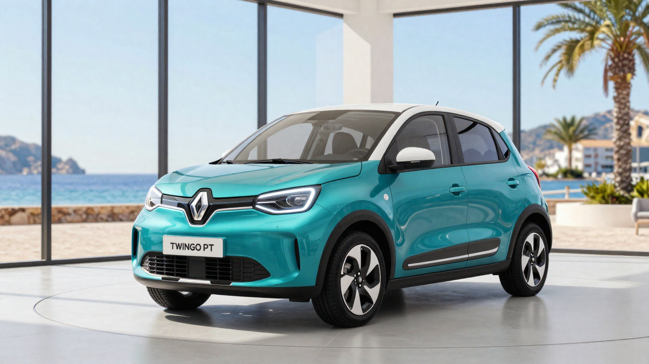 Renault Twingo PT azul com teto branco estacionado em showroom com vista para o mar e palmeiras.