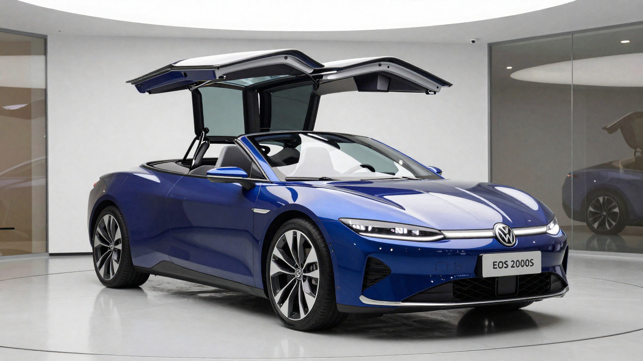 Carro desportivo descapotável azul Volkswagen com portas asas de gaivota abertas num espaço moderno.