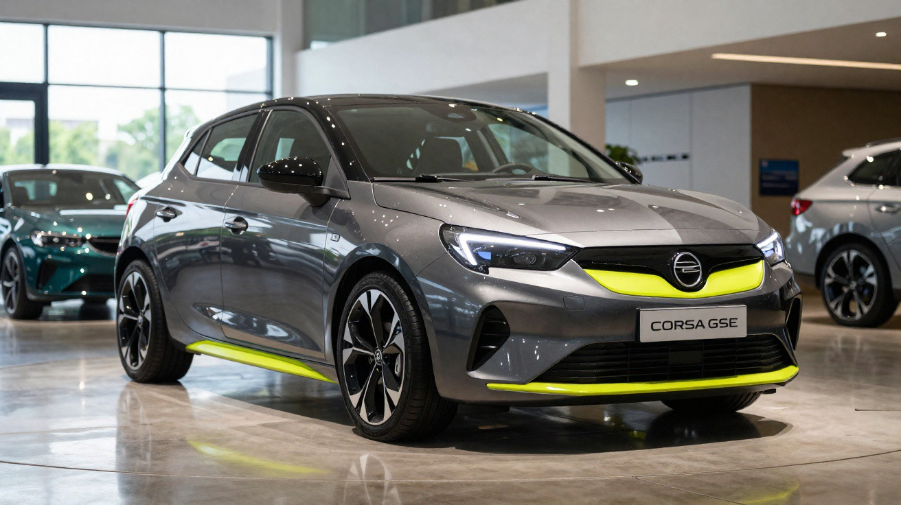 Carro cinzento Opel Corsa GSE com detalhes amarelos exibido em showroom moderno com outro carro ao fundo.